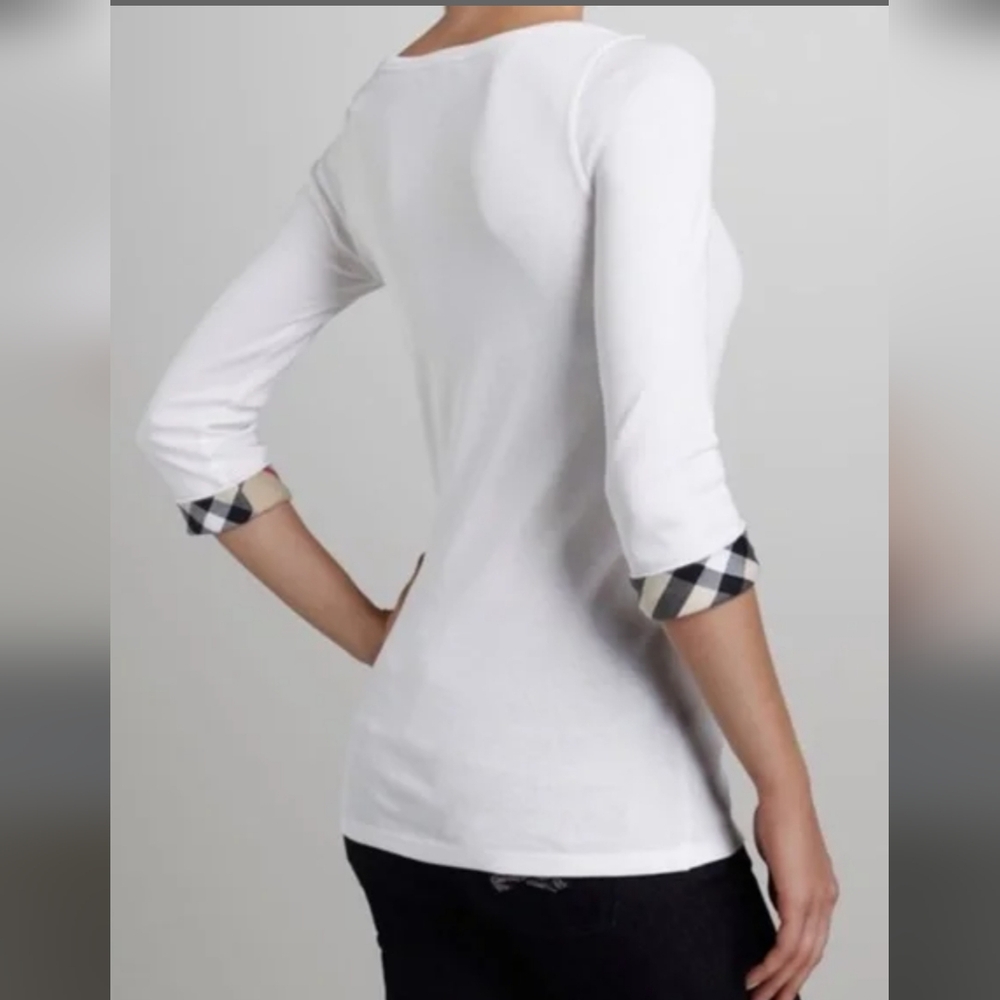 Burberry White Top with Plaid Cuffs M - Picture 2 of 11